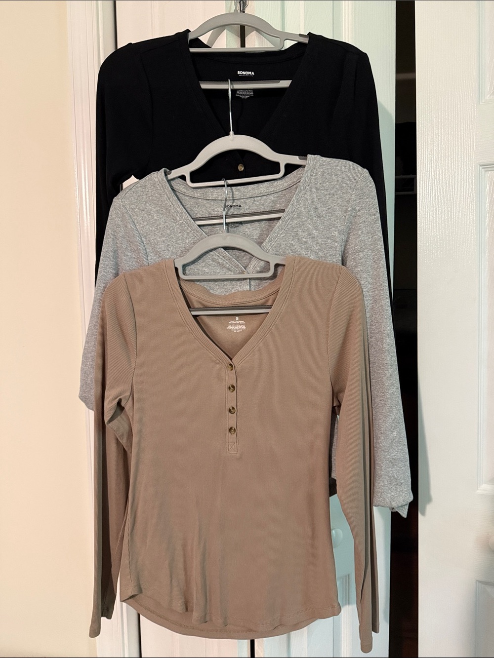 Sonoma Long Sleeve Henley Top Trio in Black, Gray, and Taupe